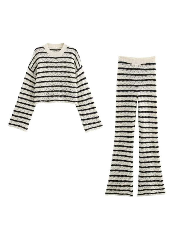 Striped knit l long sleeve flared pants set