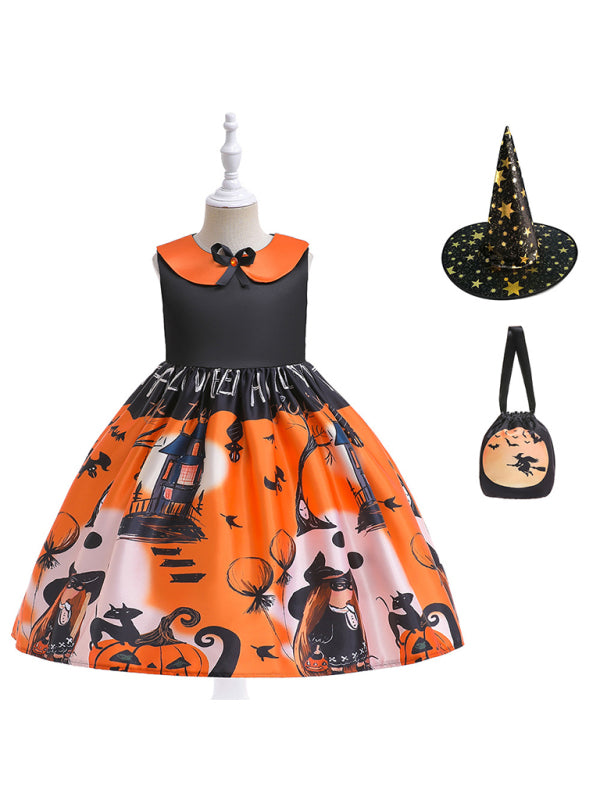 Halloween children's clothing, girls cosplay witch pumpkin performance dress princess dress