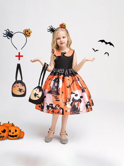 Halloween children's clothing, girls cosplay witch pumpkin performance dress princess dress