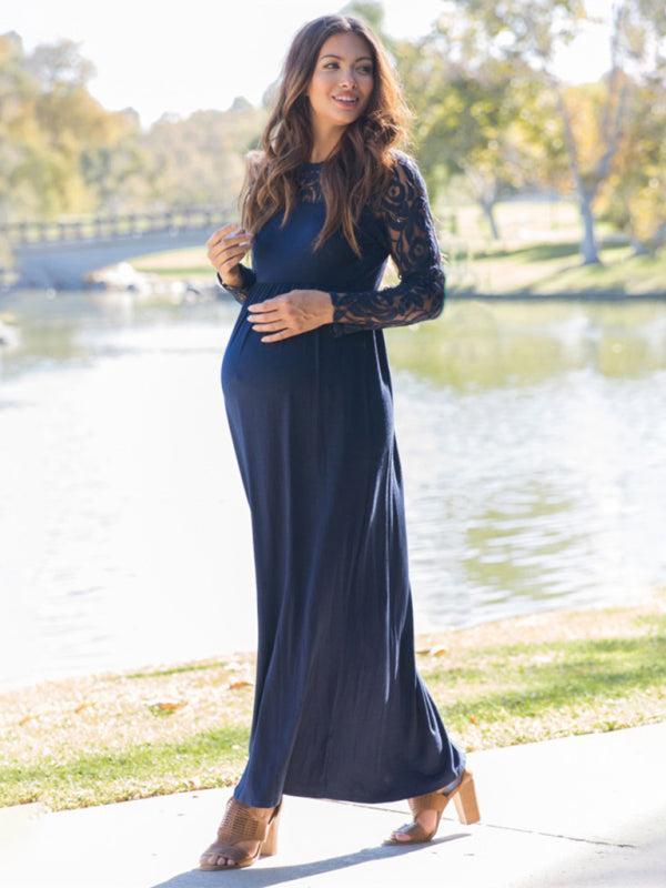 New European and American fashion solid color maternity lace hollow long sleeve dress long dress