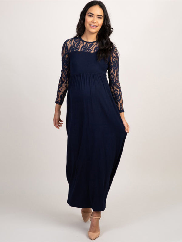 New European and American fashion solid color maternity lace hollow long sleeve dress long dress