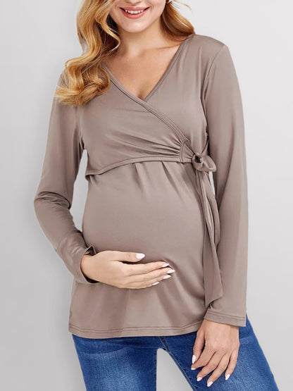 European and American solid color nursing V-neck long-sleeved maternity dress