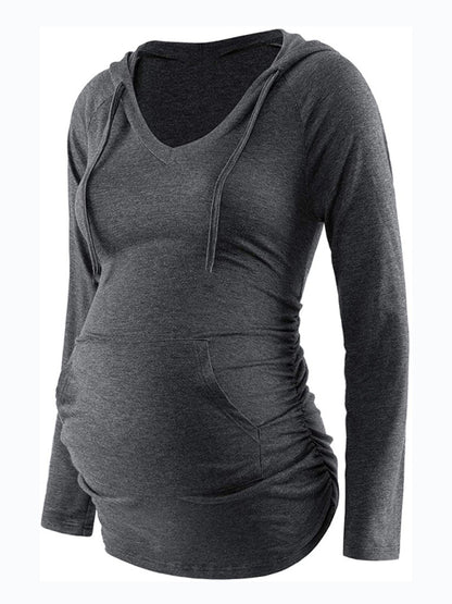 Maternity solid color hooded pocket long-sleeved T-shirt