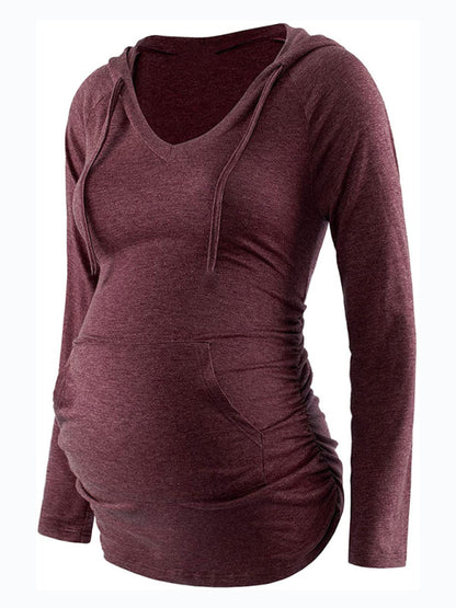 Maternity solid color hooded pocket long-sleeved T-shirt