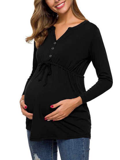 Maternity solid color drawstring button half cardigan long-sleeve T-shirt