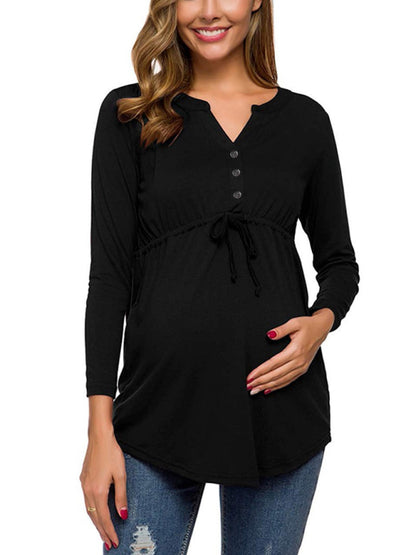 Maternity solid color drawstring button half cardigan long-sleeve T-shirt