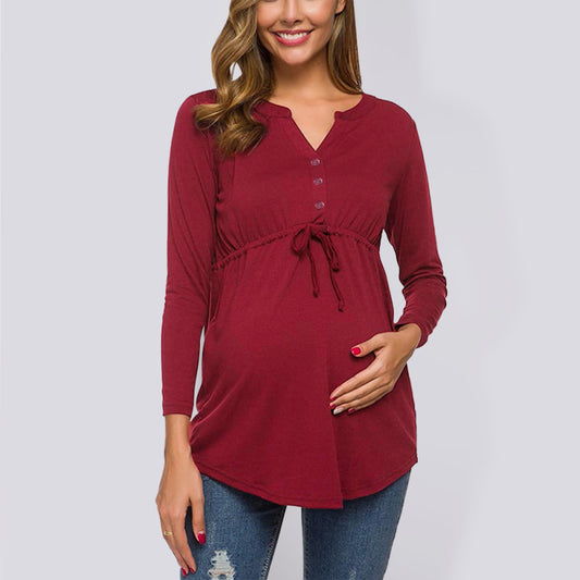 Maternity solid color drawstring button half cardigan long-sleeve T-shirt