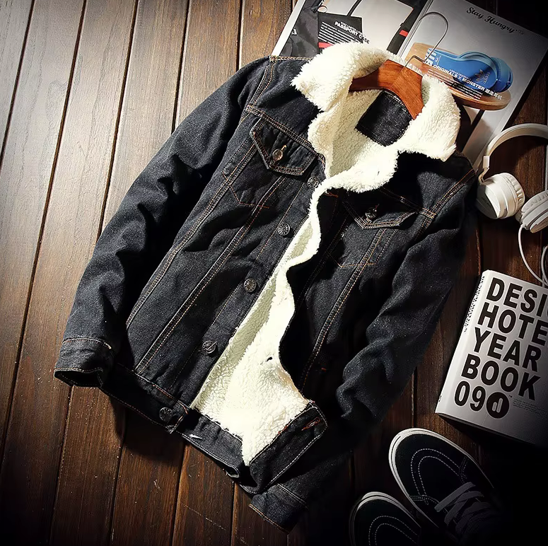 Men's Blue & Black Fur-Lined Cotton Denim Jacket - Streetwear Style