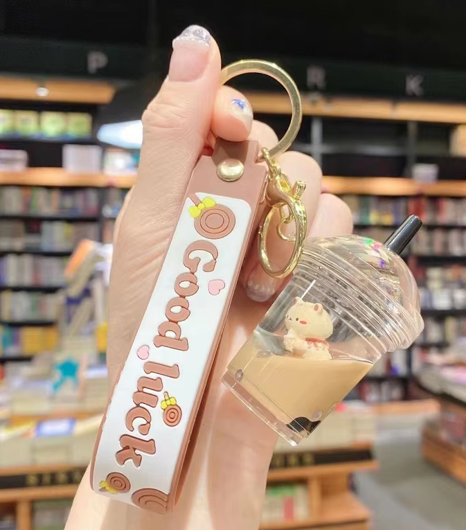 Pearl Milk Tea Cup Keychain with Floating Boba and Teddy Bear Charm